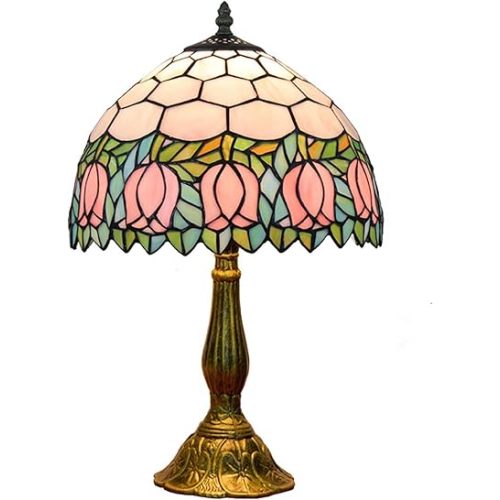Tiffany Lamp Stained Glass Lamp Pink Tulip Bedroom Table lamp Reading Desk Light for Bedside Living Room Office Dormitory Dining Room Decorate Housewarming Gift 12X12X18 Include Light Bulb