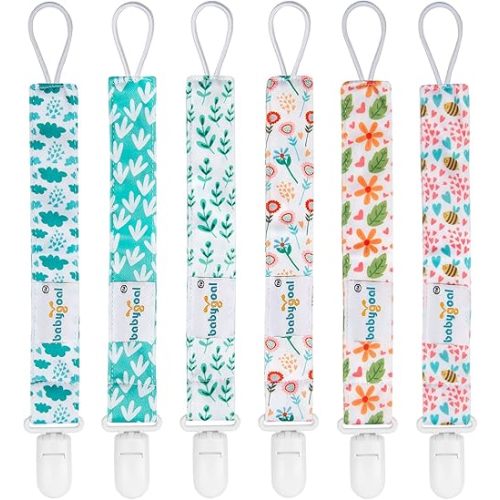 Babygoal Floral Pacifier Clips, 6 Pack Binky Paci Holder Clips and Leash for Boys and Girls Fits for Most Pacifier, Binkie Styles & Baby Teethers & Toys and Gift 6PS13