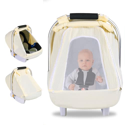 Baby Car Seat Cover for Boys Girls, Muslin Car Seat Cover for Babies with Breathable Mesh Peep Window, Lightweight Kick-Proof Infant Car Seat Canopy, Outdoor Windproof Stroller Cover (Yellow)