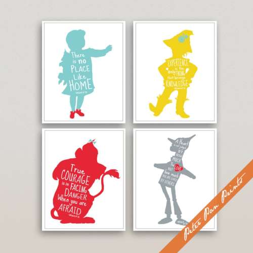 Wizard of Oz Wall Art Prints Set of 4 Unframed Quote Wall Decor Wall Art for Kids Literary Gifts Teaching Lessons in Art