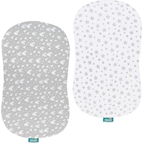 Bassinet Sheets Compatible with Halo Bassinest Swivel, Flex, Glide, Premiere & Luxe Series Sleeper, 2 Pack, 100% Jersey Knit Cotton Sheets, Breathable and Heavenly Soft, Grey and White Print for Baby