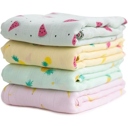 CuddleBug Muslin Baby Swaddle Blankets for Boys and Girls Size Large 4 x 4 Feet – Muslin Cotton 4 Pack (Tutti Frutti)