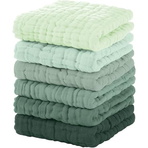 Unnivoll Muslin Baby Washcloths 6 Pack, 100% Cotton Burp Cloths Baby, Large 12''X12'' Baby Wash Cloths Absorbent and Soft for Newborn Infants Kids Boys Girls Green