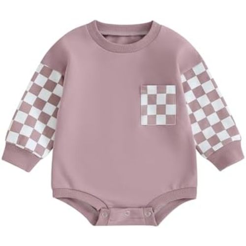 Baby Boy Girl Sweatshirt Romper Checkerboard Oversized Long Sleeve Bubble Onesie Bodysuit Newborn Checkered Outfit