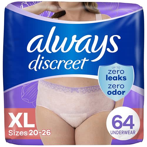 Always Discreet Adult Incontinence Underwear for Women and Postpartum Underwear, XL, Up to 100% Bladder Leak Protection, 64 Count (Packaging May Vary)