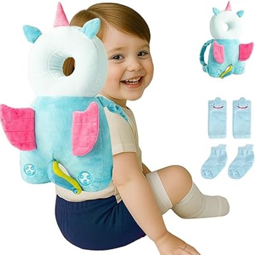 Baby Head Protector Backpack (9 to 24 Months) - Cute Head Guard Pillow with Knee Pads and Socks, Crawling and Walking Safety Set, Toddler Head Cushion Backpack, Baby Gift, Sky Blue Unicorn