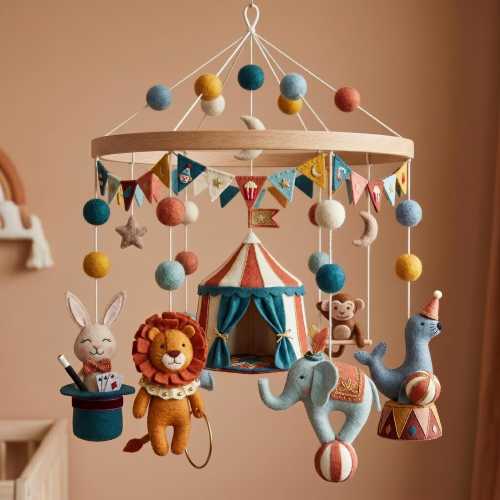Personalized Circus Troupe Baby Mobile, Lion Elephant Animal, Custom Name Wooden Nursery Decor, Carnival Theme Felt Mobile for Baby Boy Girl
