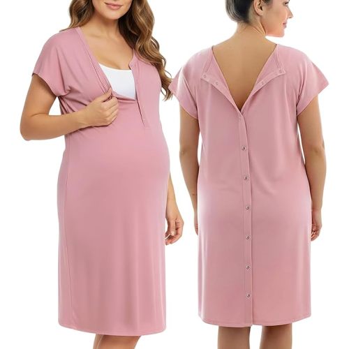 PATPAT Labor and Delivery Gown for Hospital, 3-in-1 Maternity & Postpartum Nursing Nightgown with Easy Snaps for Skin-to-Skin, Pockets, Light Pink, Large (Fit L/XL)
