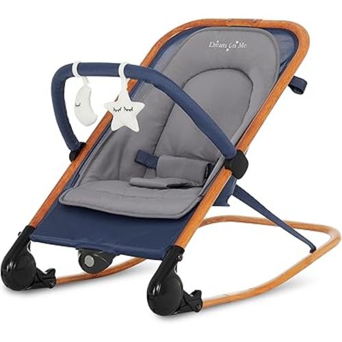 Dream On Me Rock On Me 2-in-1 Baby Rocker and Stationary Seat, Adjustable Recline, Gentle Music & Vibration, 3-Point Safety Harness, Detachable Toy Bar, Folds Compact for Travel – Blue