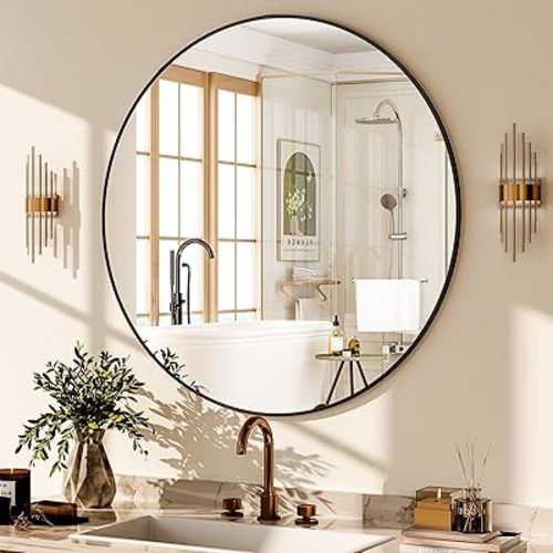GLSLAND Circle Mirror for Wall 24 inch - Round Mirrors for Bathroom, Entryway, Living Room, Hallway Wall Decor Small Frame Mirror,Black
