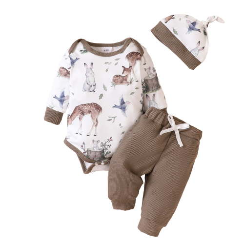 Boys Outfits Cartoon Print Romper + Pant + Hat Cute Comfortable 3Pc Clothes Set
