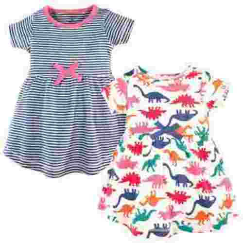 Touched by Nature Baby and Toddler Girl Organic Cotton Short-Sleeve Dresses 2pk, Dinosaurs, 3-6 Months