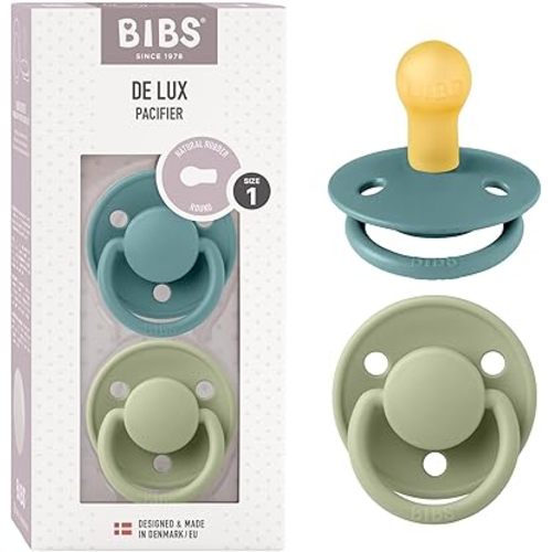 BIBS De Lux Baby Pacifier 2-Pack | Made in Denmark | BPA Free Dummy Soother, Round Nipple. Natural Rubber Latex, Size 1 (0-6 Months), Island Sea/Sage