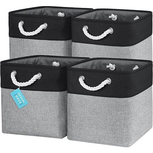 OrganiHaus 12x12 Cube Storage Bins 4 Pack, Foldable Cube Storage Organizer w/ Rope Handles, Collapsible Fabric Bins for Toys, Clothes & Closet Organization, Fabric Square Baskets - Gray/Black