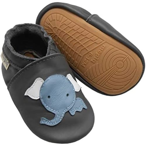 Soft Leather Slippers Baby Moccasins with Rubber Sole, Anti-Slip Infant Toddler First Walking Shoes for Boys Girls, 0-24 Months