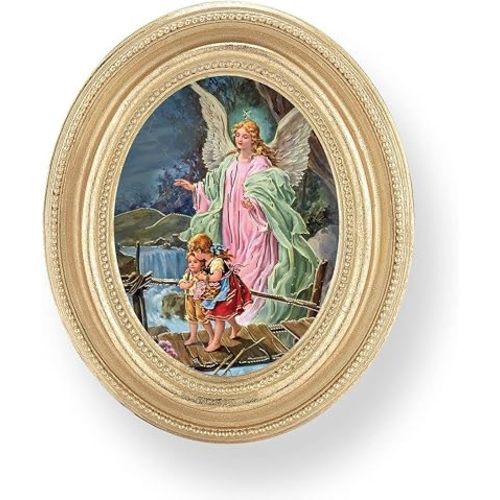 Guardian Angel with Children on Bridge Picture, Gold Finish 3-3/4"x4-1/2 Oval Frame, Exclusive Gold Stamped Print Under Glass