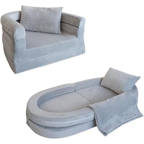 Wonder Space Kids Foam Couch with Blanket & Pillow, Pre-Assembled Toddlers 3-in-1 Convertible Sofa, Indoor Foadable Lounger Chair & Flip Open Floor Bed for Boys & Girls (Grey)