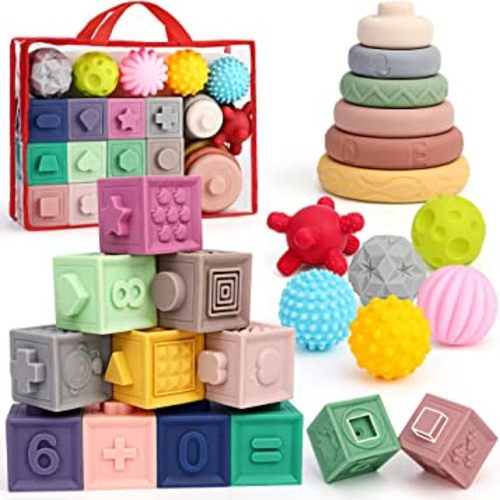SINOMARS 24pcs Baby Toys 6-12 Months, Montessori Toys for 1 Year Old, Stacking Building Blocks for Toddlers 1-3, Soft Baby Teething Rings Toy for Infant 0-6 Months, Sensory Ball for 0-3-6-9-12 Months