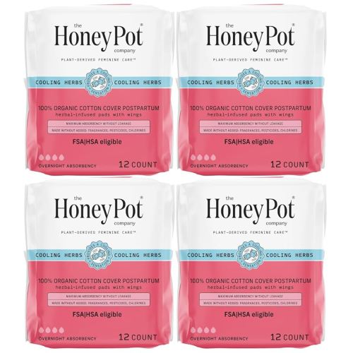 The Honey Pot Company - 48ct - Herbal Postpartum Pads w/Wings - Infused w/Essential Oils for Cooling Effect, Organic Cotton Cover, & Ultra-Absorbent