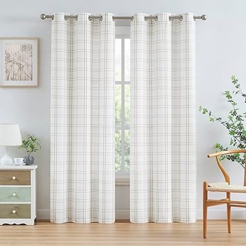 Linen Buffalo Plaid Light Filtering Window Curtains 84 Inches Grommet Linen White Farmhouse Checkered Pattern Panels Geo Trellis Window Treatment for Living Room,Bedroom,40"x84"x2,Tan White