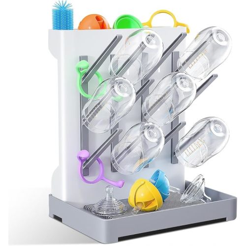 Baby Bottle Drying Rack: Vertical Space Saving Large Bottles Holder - Standing Boon Dryer Rack Baby Accessory - Countertop Holds Up to 12 Bottles & Pump Part Cleaning & Cup (Blue) (Gray)