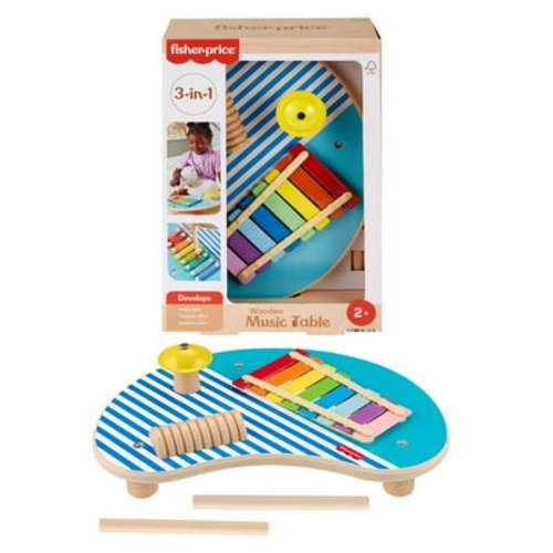 Fisher-Price Wooden Toy Musical Table with Percussion Instruments for Toddler Role Play, 3 Wood Pieces