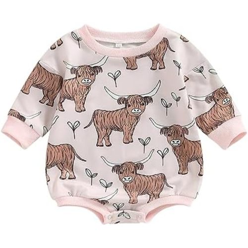 SAYOO Western Cowboy Outfits Baby Girl Boy Sweatshirt Romper Cow Print Oversized Sweater Bodysuit Infant Fall Clothes 0-24M