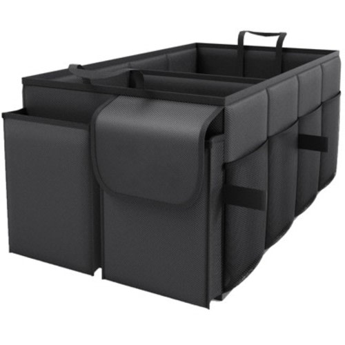 Itopfox Foldable Car Trunk Organizer with 2 Compartments & 6 Mesh Pockets, Sturdy SUV & Sedan Storage for Tools, Groceries, Sports Gear, Black