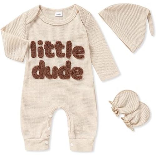 GRNSHTS Newborn Baby Boy Romper Coming Home Outfits Letter Print Bodysuit Jumpsuit+Hat+Gloves 3PCS Clothes Set