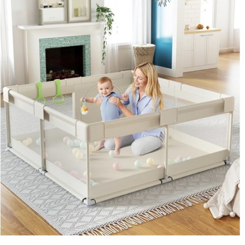 Fodoss Baby Playpen, Upgrade Playpen for Babies and Toddlers, 47x47x26inch Beige Play Pen for Babies with Hand Pulling Ring, Play Pen Center for Kids,Baby Fence,Baby Playards