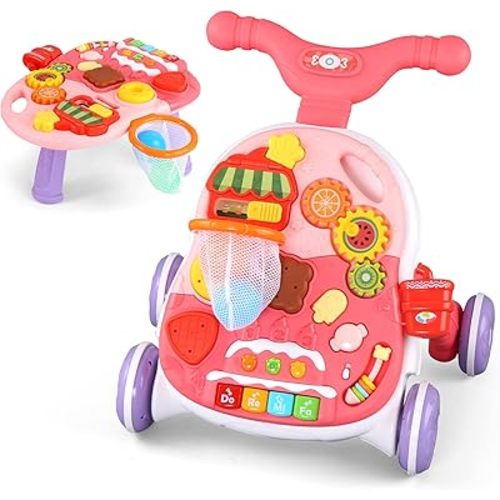 Eners Sit to Stand Baby Learning Walker with Wheels, 2 in 1 Baby Push Walkers and Activity Center for Baby Boy Girl (Pink)