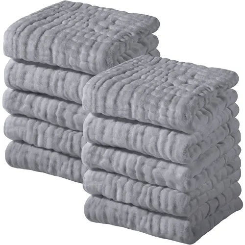 Yoofoss Muslin Baby Washcloths 100% Cotton Face Towels 10 Pack Wash Cloths for Baby 12x12in Soft and Absorbent Baby Wipes (Grey)
