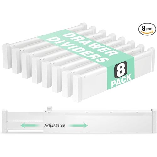 Drawer Dividers 8 Pack, 2.36" High, 12.6-22.8'' Adjustable Drawer Organizers for Utensils, Clothes, Expandable Plastic Dresser Drawers Separators in Kitchen, Bedroom, Bathroom, Office Storage