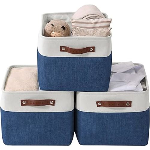DECOMOMO Storage Bins Fabric Storage Baskets for Shelves, Linen Closet Organization Toys Nursery (Navy Blue and White, Large - 3 Pack)