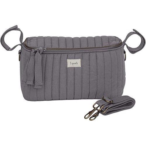 3 Sprouts Universal Quilted Stroller Organizer with Cup Holder and Zip Top - Durable Stroller Caddy Accessory with Storage - Shoulder Strap Converts Organizer to Small Diaper Bag - Gray