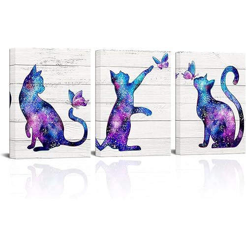 LoveHouse Cat Canvas wall art With Butterfly Colorful Cat Pictures Framed for Kids Girls Bedroom Watercolor Cats Paintings Decorations
