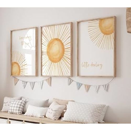3 Pieces Sun Here Comes The Sun Little Darling Posters Prints Canvas Painting Modular Pictures Framed Artwork for Girl Nursery Baby Room Bedroom Decor with Wooden Inner Frame