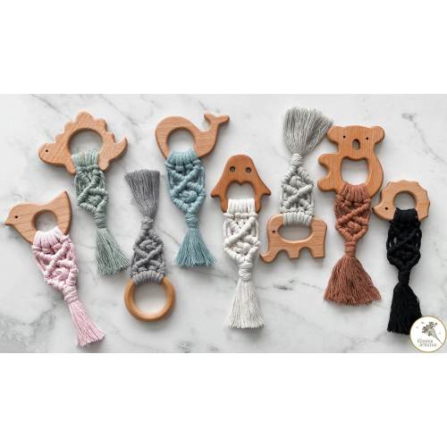 Sensory Wooden Animal Teether Toy, Boho Teething Toy, Organic Baby Toy, Non-Toxic Teether, Macrame and Wooden Baby Toy