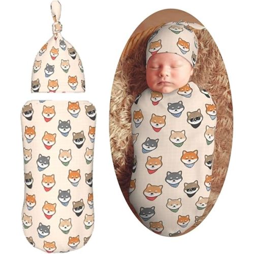 Cute Shiba Inu Japanes Dog Newborn Swaddle Blankets Hat Sets Soft Baby Receiving Blanket Swaddle Sack for Baby Shower Infant Boy Girl Gift