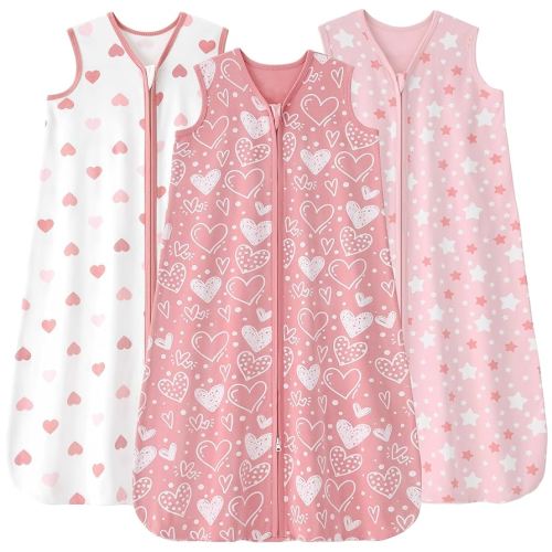 Baby Sleep Sack 6-12 months, 100% Cotton Sleeping Sack for Newborn and Infant, 3 Pack Baby Wearable Blanket for Boy and Girl, 0.5 Tog Lightweight Double Zipper Sleep Bag Pink Heart