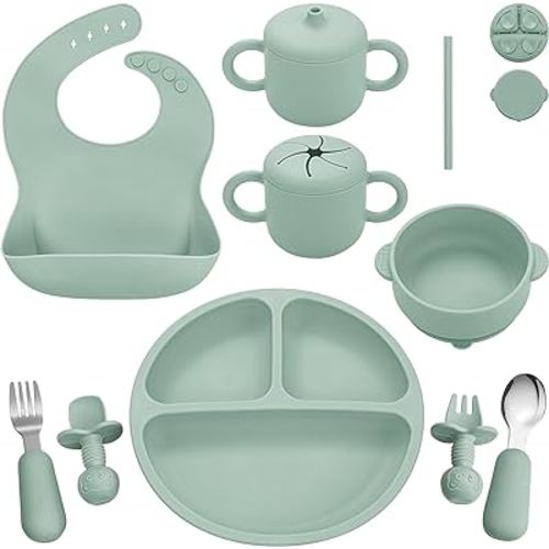 Silicone Baby Feeding Set, Baby Led Weaning Supplies, Eating Essentials Utensils with Suction Plate and Bowl, Pocket Bib, Sippy Cup with Lid, Forks Spoons Snack Container, for 6+ Months, Green