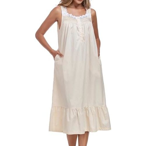 100% Cotton Nightgowns For Women Sleeveless Night Gown Long Sleep Dress With Pockets