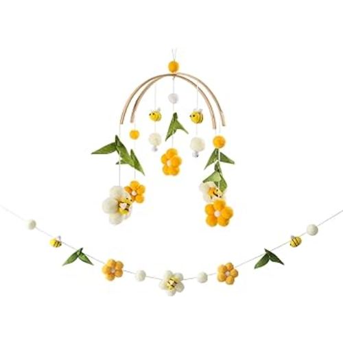 Baby Mobile for Crib Crib Nursery Mobile for Boys Girls Boho Bee Flower Nursery Decor Soothe Toy Baby Shower Set for Infant Bedroom Hanging Decoration Toy