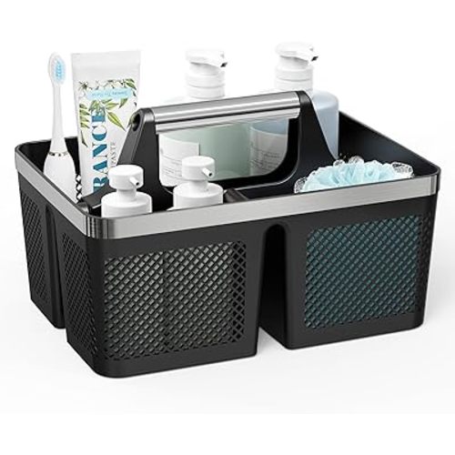 Black Shower Caddy Portable: Plastic Bathroom Caddy Organizer with Handle and Holes, Cleaning Caddy, Hard Shower Basket Storage Tote for Toiletry, College Dorm Room Essentials for Men
