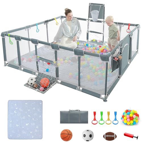 XNWQL Baby playpen, 79"x71"Baby Playpen with Mat Indoor&Outdoor Playpen for Babies and Toddlers with Breathable Play Pen with Ocean Balls Hanging Pocket Basketball Hoop and Football Goal