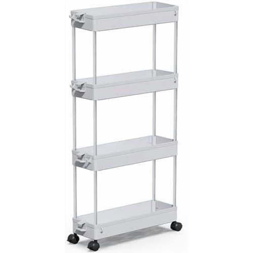 Slim Rolling Storage Cart 4 Tier Bathroom Organizer Mobile Shelving Unit Storage Rolling Utility Cart Tower Rack for Kitchen Bathroom Laundry Narrow Places, Gray