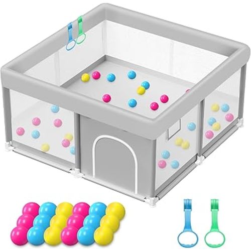 Baby Playpen with Balls and Pull Rings, 50x50 Inch Playpen for Babies and Toddlers Baby Playpen Fence Playard Activity Center, Without MAT Included
