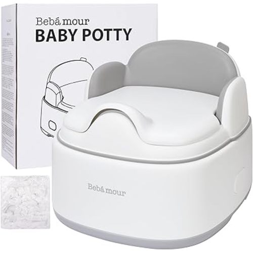 Bebamour Potty Training Toilet 3 in 1 Multi-Functional Potty Seat Detachable Baby Potty Step Stool Anti-Slip Stable Potty Training Toilet with 100 Pack Trash Bags for Baby Toddler Kids(Grey)