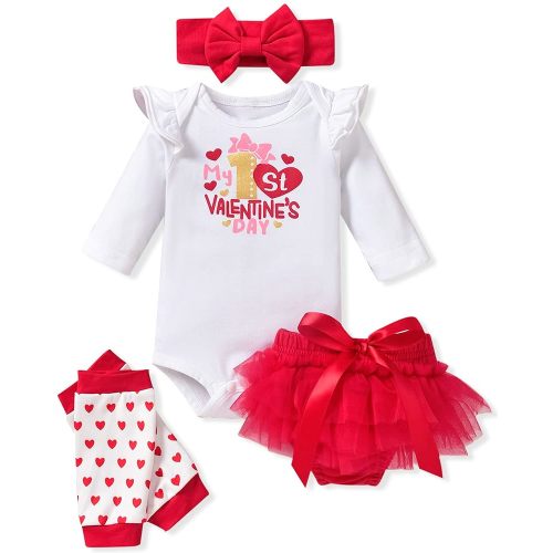 fioukiay Newborn Baby Girls Valentine's Clothes Outfits Infant 4pcs Valentine's Bodysuit Romper Shorts Clothing Sets