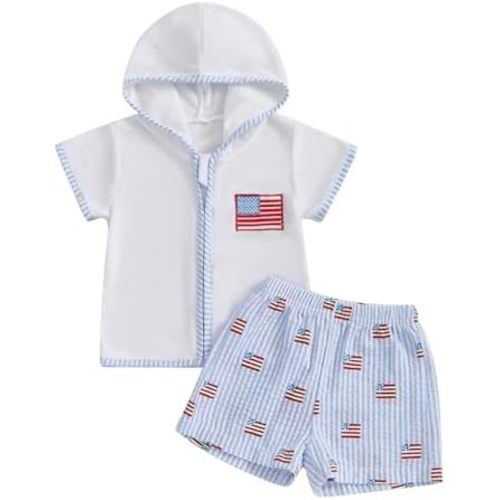 Toddler Baby Boy Girl Swim Cover Up Towel Terry Zipper Hooded Tops Seersucker Gingham Shorts Set Bathing Suit Coverup